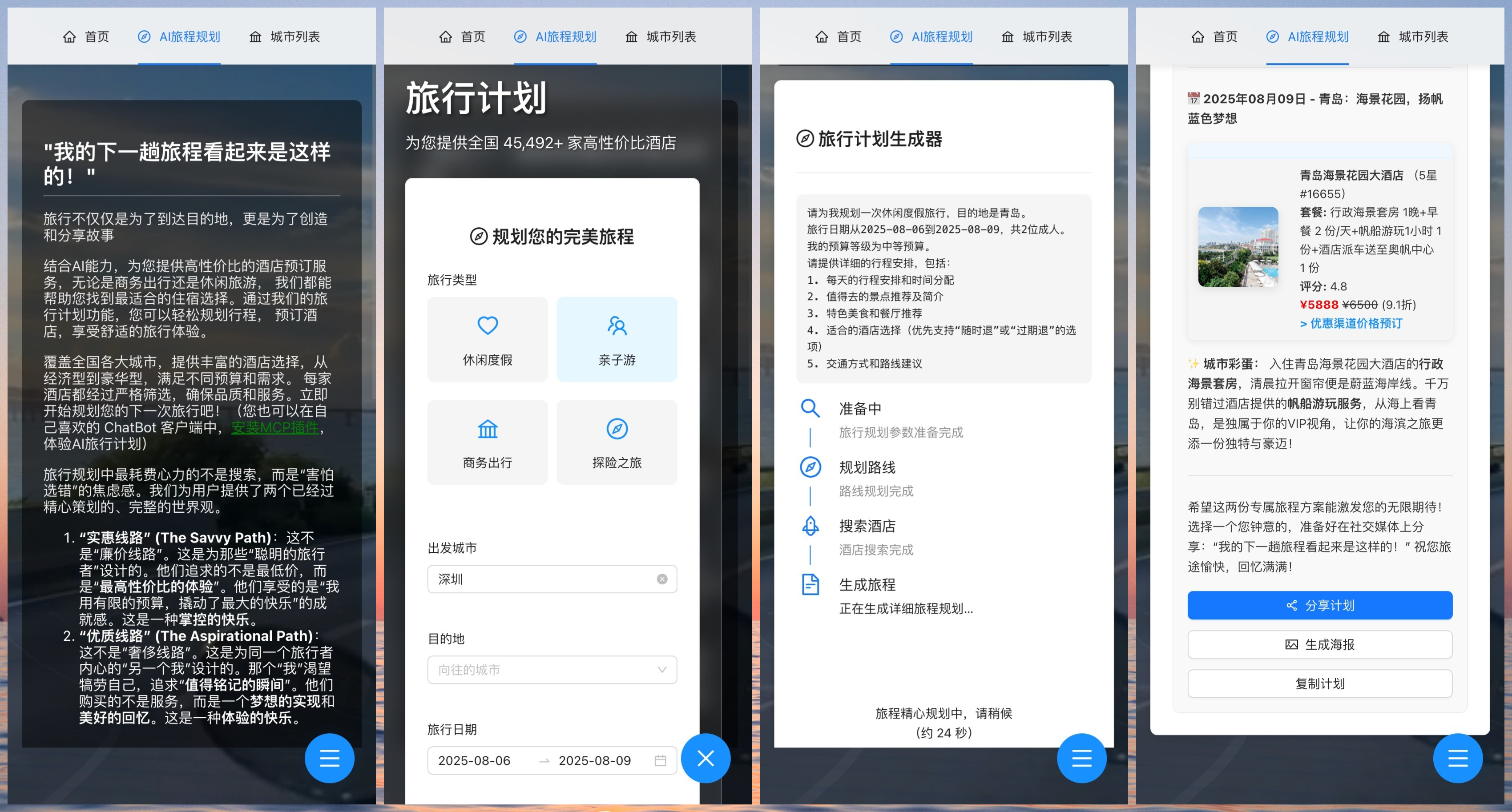 从左到右依次是：1、计划生成页；2、行程信息录入；3、计划生成进度；4、生成结果展示