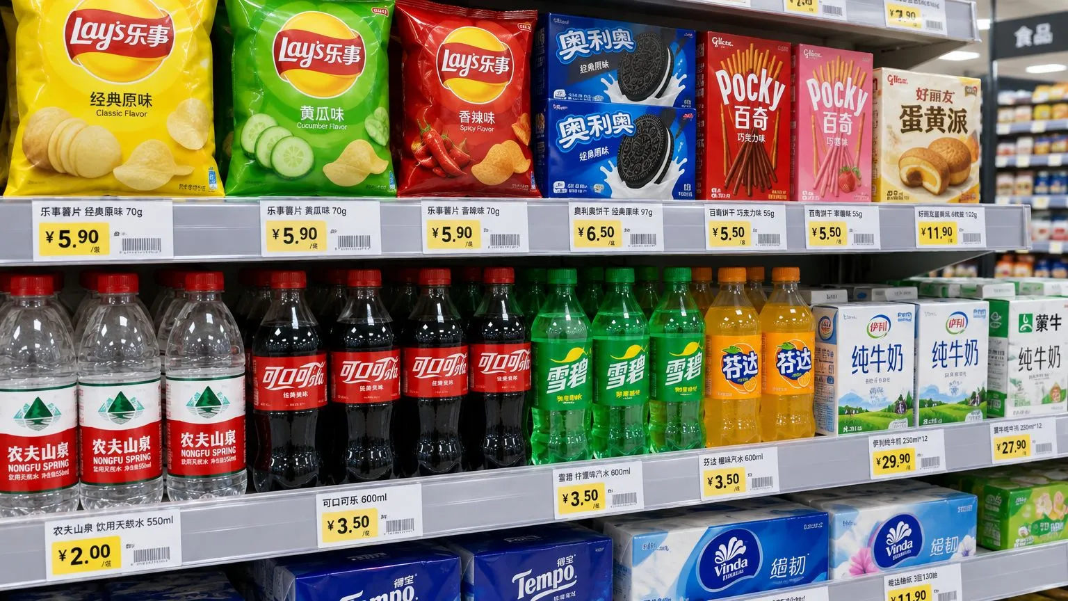 超市货架上明码标价的商品和清晰的价格标签